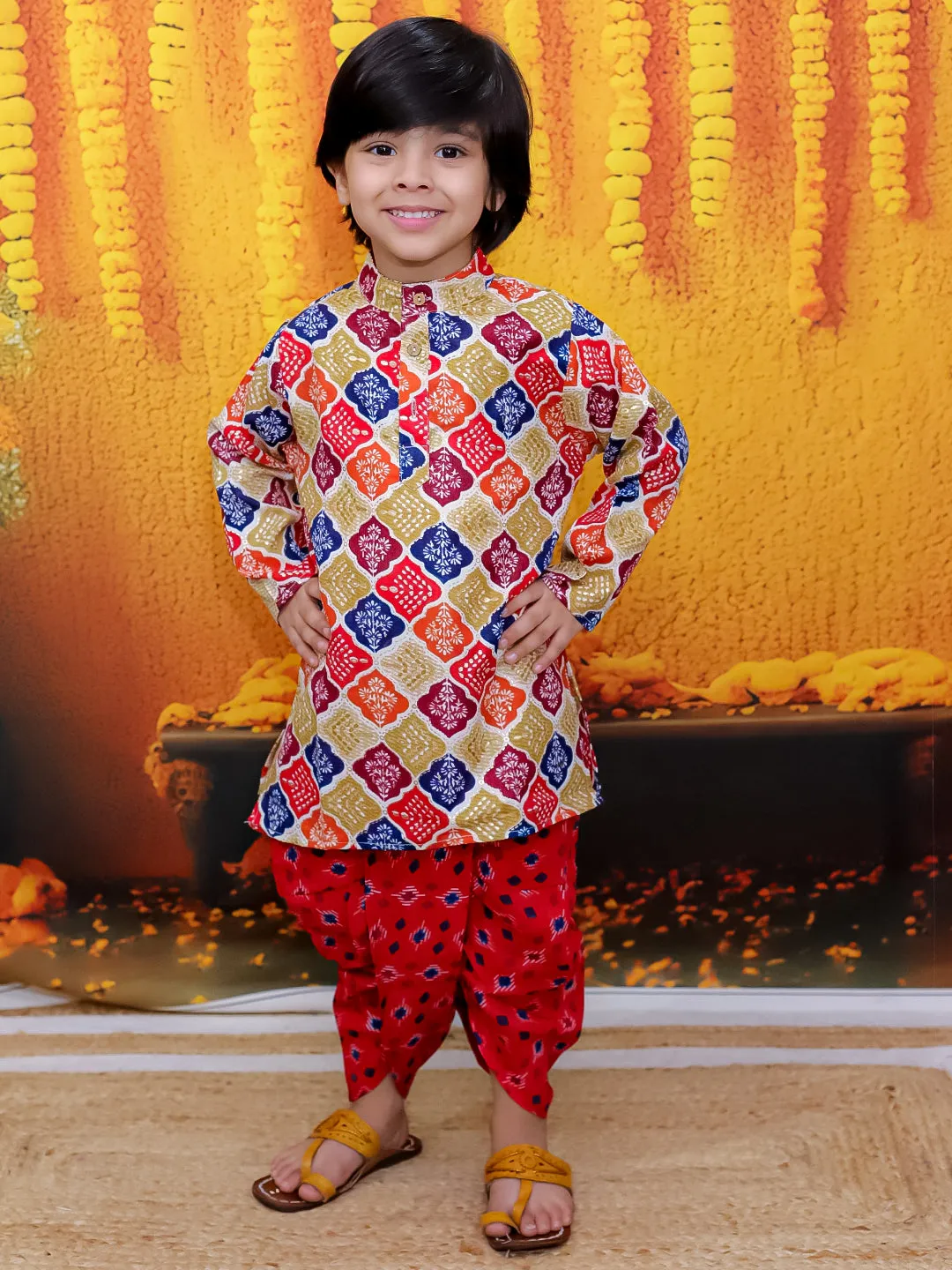 BownBee Cotton Full Sleeve Kurta with Dhoti for Boys - Red